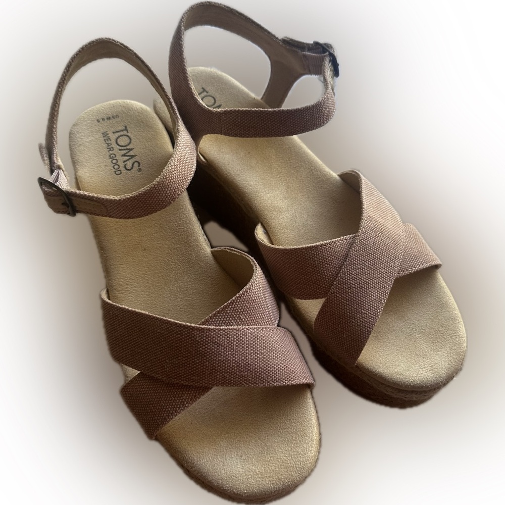 Toms Candice Pink Cork Wedge Platform Espadrille Shoes Sandals Size 8.5